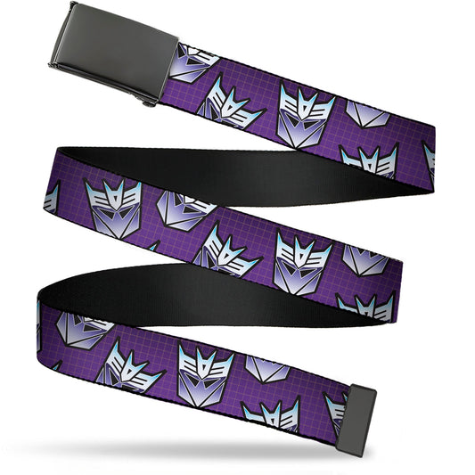 Web Belt Blank Black Buckle - Transformers Decepticons Icon Scattered Grids Purples Webbing
