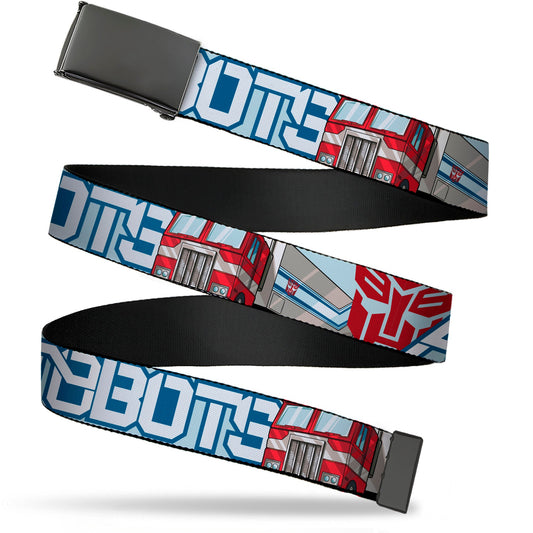 Web Belt Blank Black Buckle - Transformers AUTOBOTS Optimus Prime Semi Truck Collage Light Blue Webbing