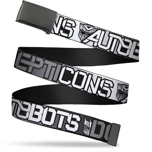 Web Belt Blank Black Buckle - Transformers AUTOBOTS DECEPTICONS Shield and Text Grays/Black/White Webbing