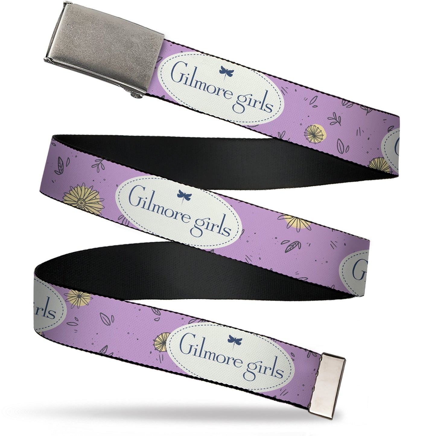 Web Belt Blank Chrome Buckle - GILMORE GIRLS Title Logo and Flower Petals Lavender/White/Blue Webbing