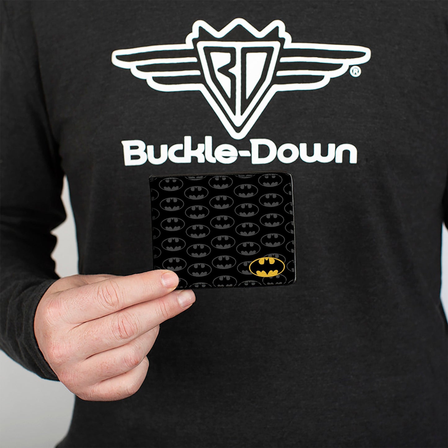 Bi-Fold Wallet - Bat Signal Corner Bat Monogram Black Gray Yellow