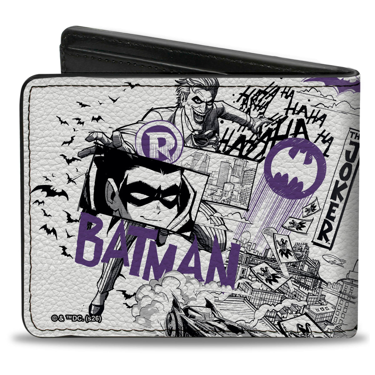 Bi-Fold  Wallet - Gotham Inked Batman Robin and Joker Collage White/Black/Purple