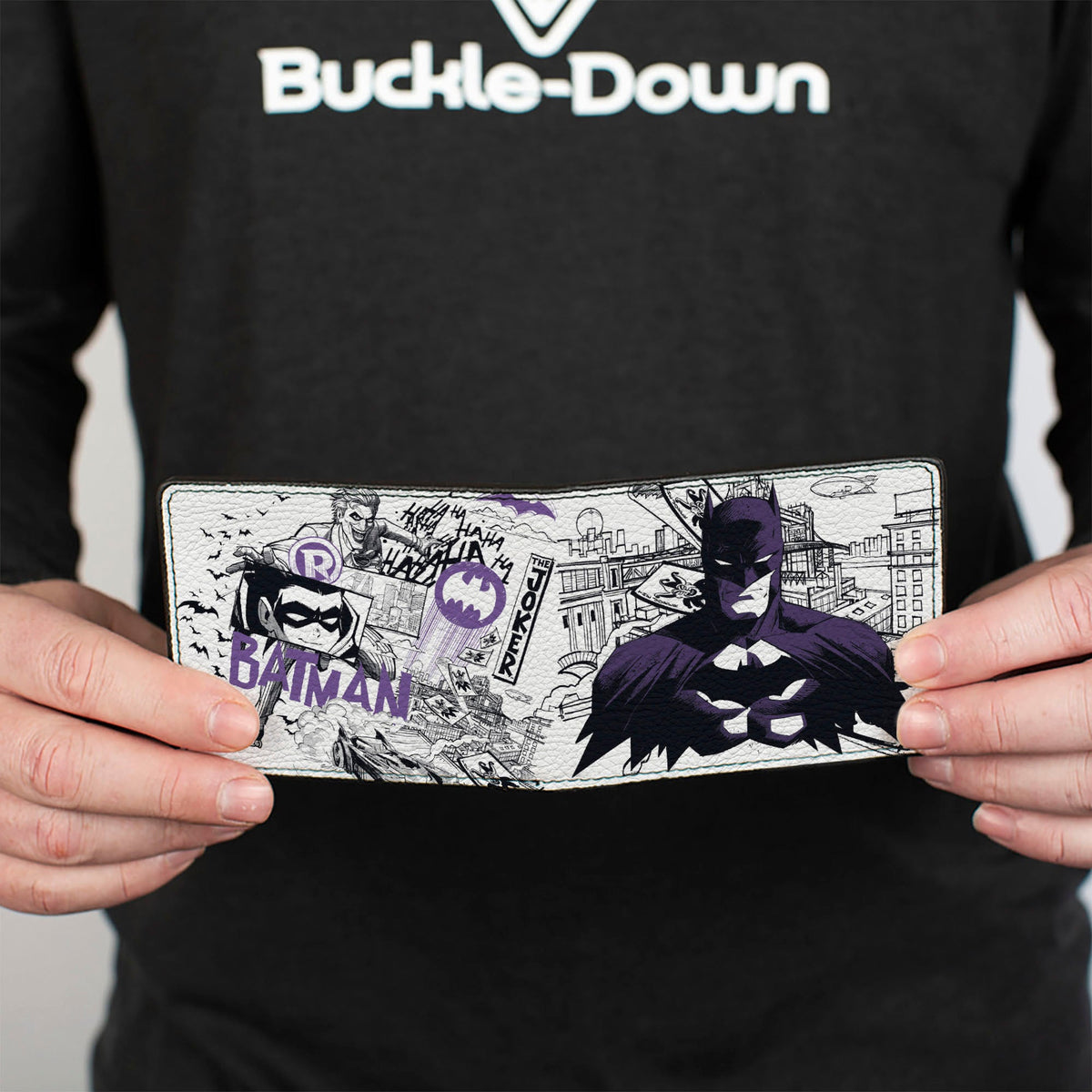 Bi-Fold  Wallet - Gotham Inked Batman Robin and Joker Collage White/Black/Purple