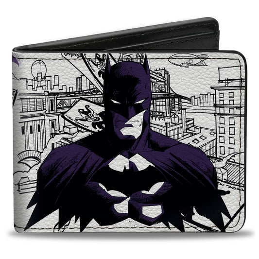 Bi-Fold  Wallet - Gotham Inked Batman Robin and Joker Collage White/Black/Purple