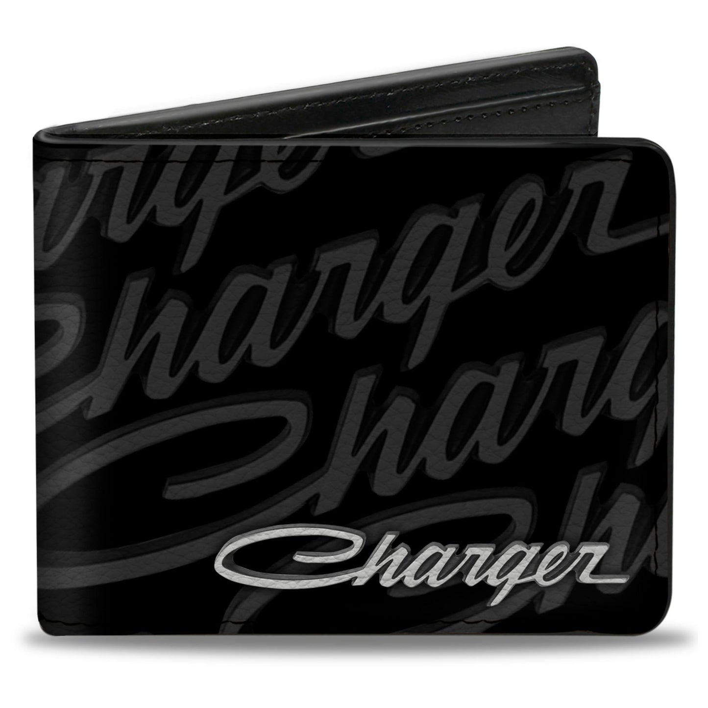 Bi-Fold Wallet - CHARGER Script Emblem Repeat Corner Black Grays White