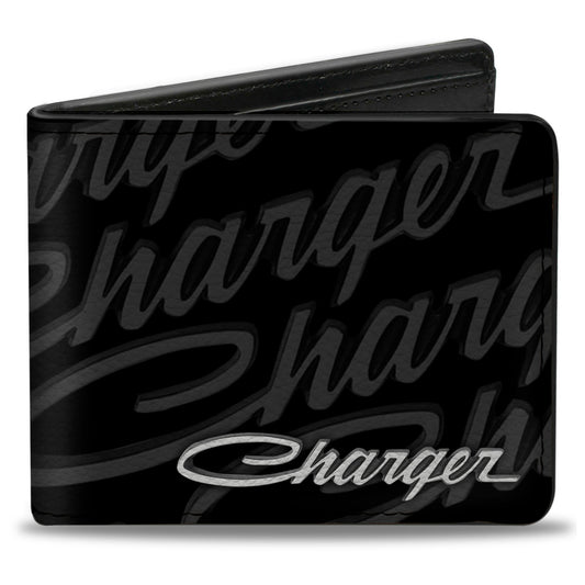 Bi-Fold Wallet - CHARGER Script Emblem Repeat Corner Black Grays White