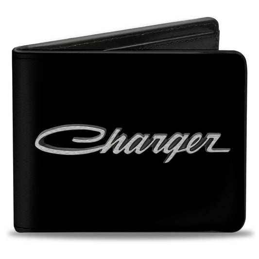 Bi-Fold Wallet - CHARGER Script Emblem Corner Black Silver Fade White