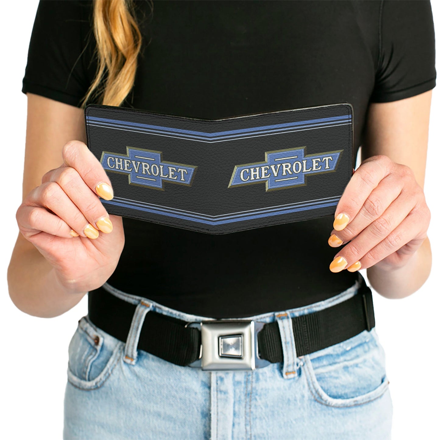 Bi-Fold Wallet - 1916 Chevrolet Bowtie Logo Stripes Black Blue