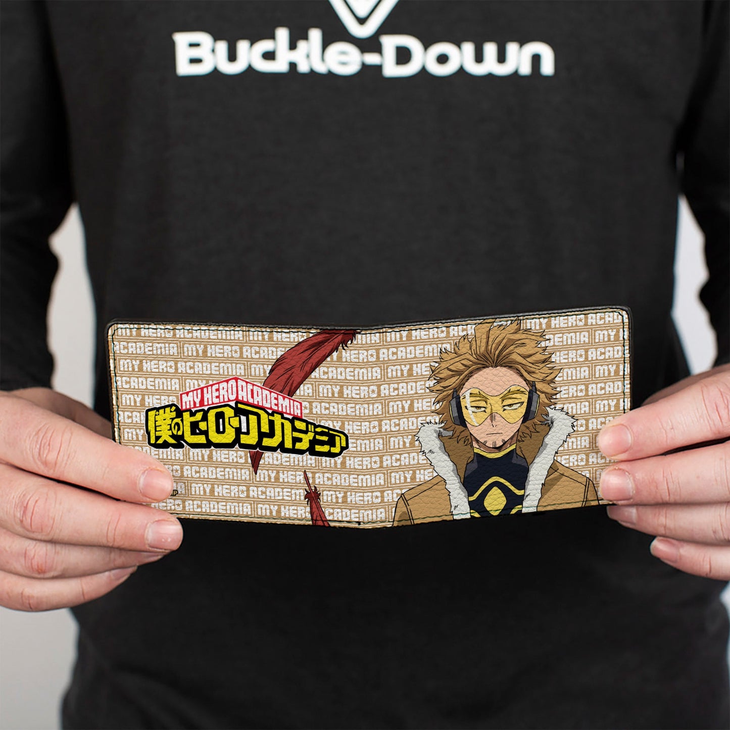 Bi-Fold Wallet - MY HERO ACADEMIA Hawks Pose with Text and Title Logo Tan/White