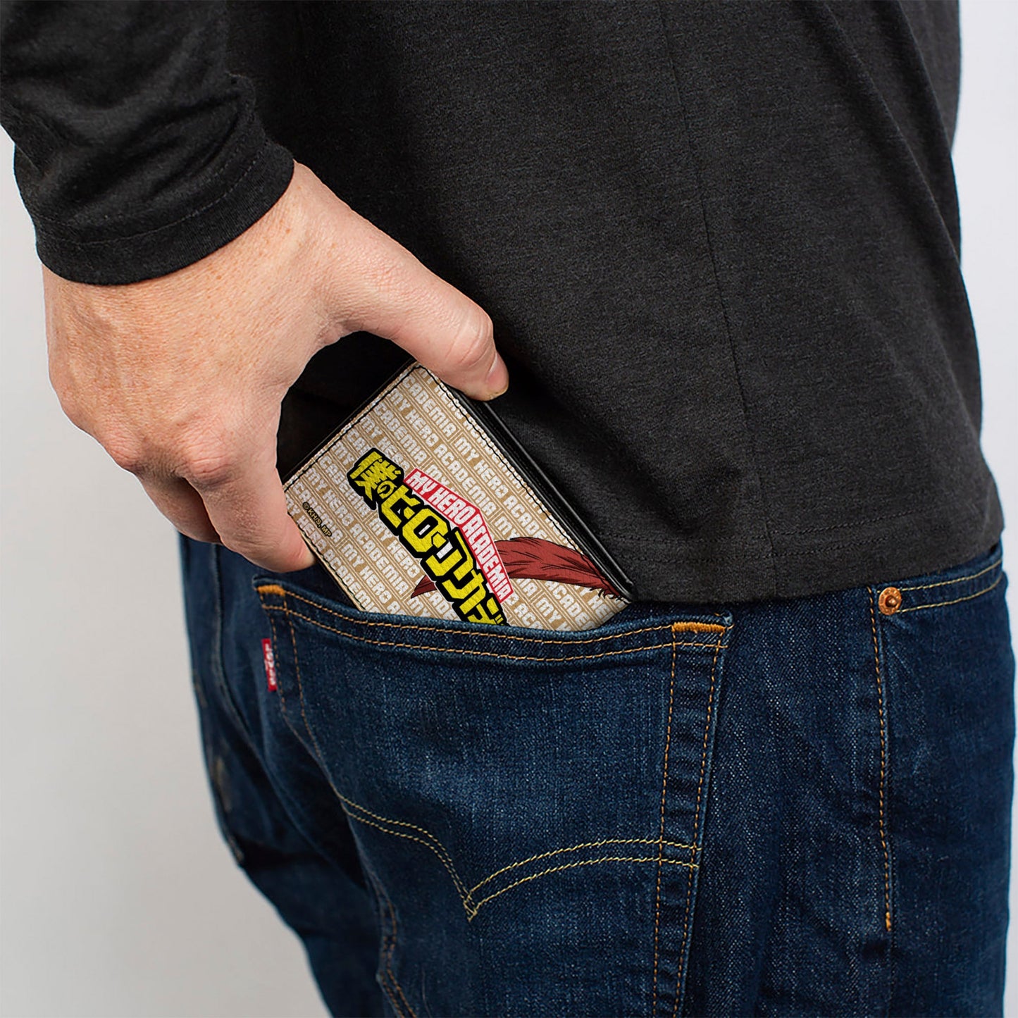 Bi-Fold Wallet - MY HERO ACADEMIA Hawks Pose with Text and Title Logo Tan/White