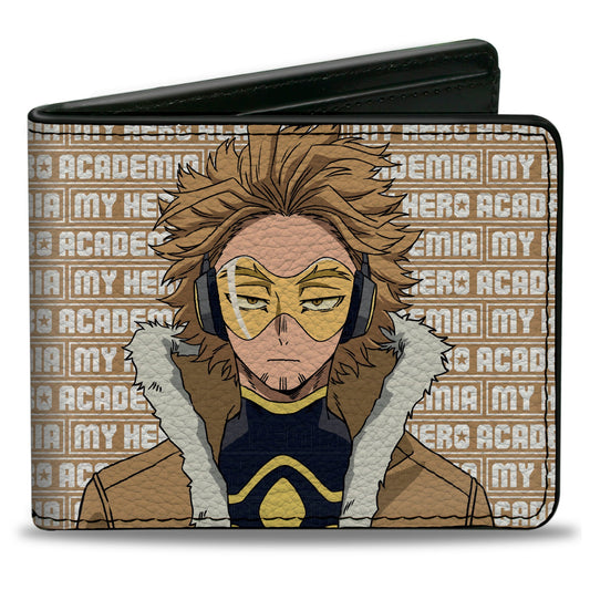 Bi-Fold Wallet - MY HERO ACADEMIA Hawks Pose with Text and Title Logo Tan/White