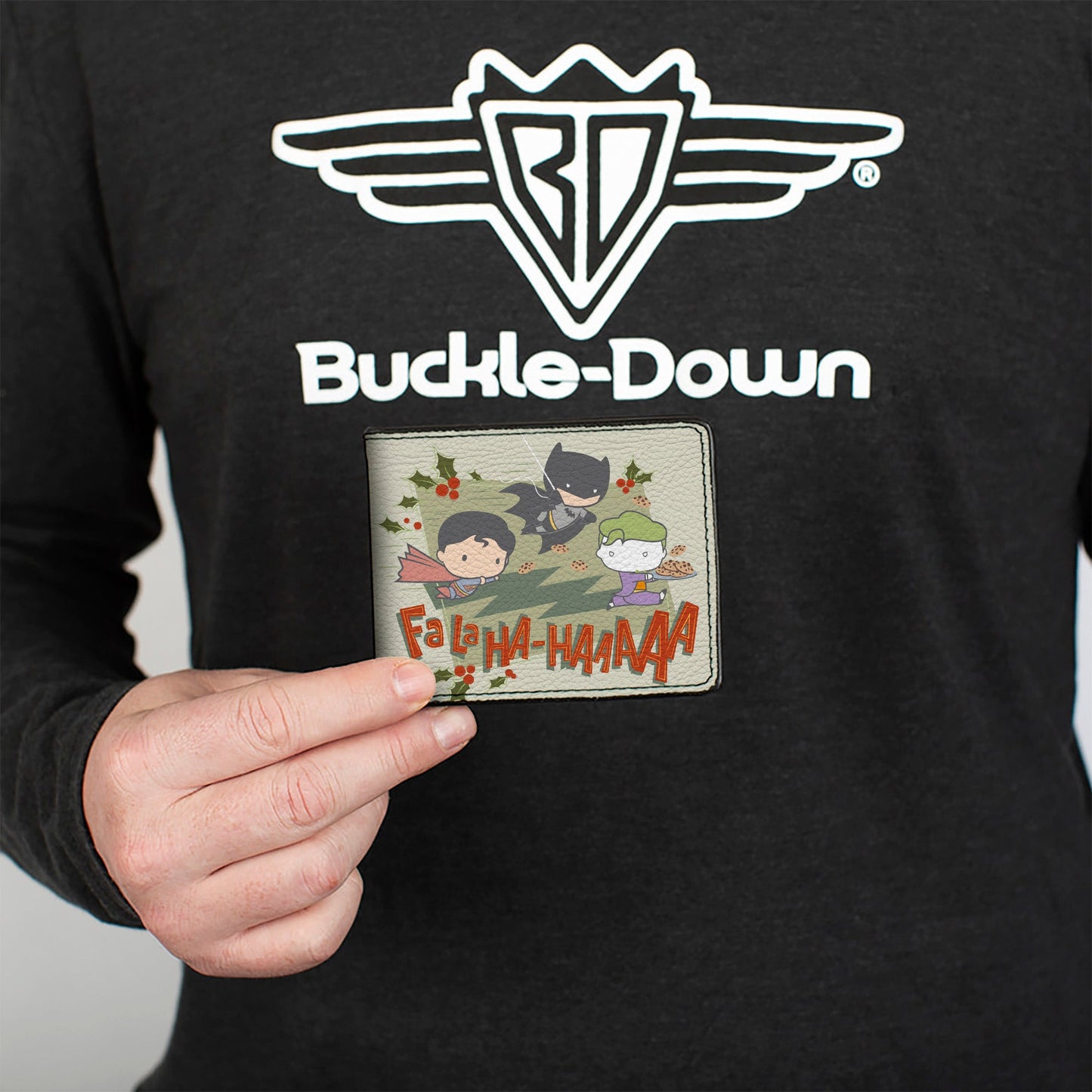 Bi-Fold  Wallet - Justice League Chibi Holiday Christmas Superman and Batman Chasing Joker FALAHA-HAAAAA Greens