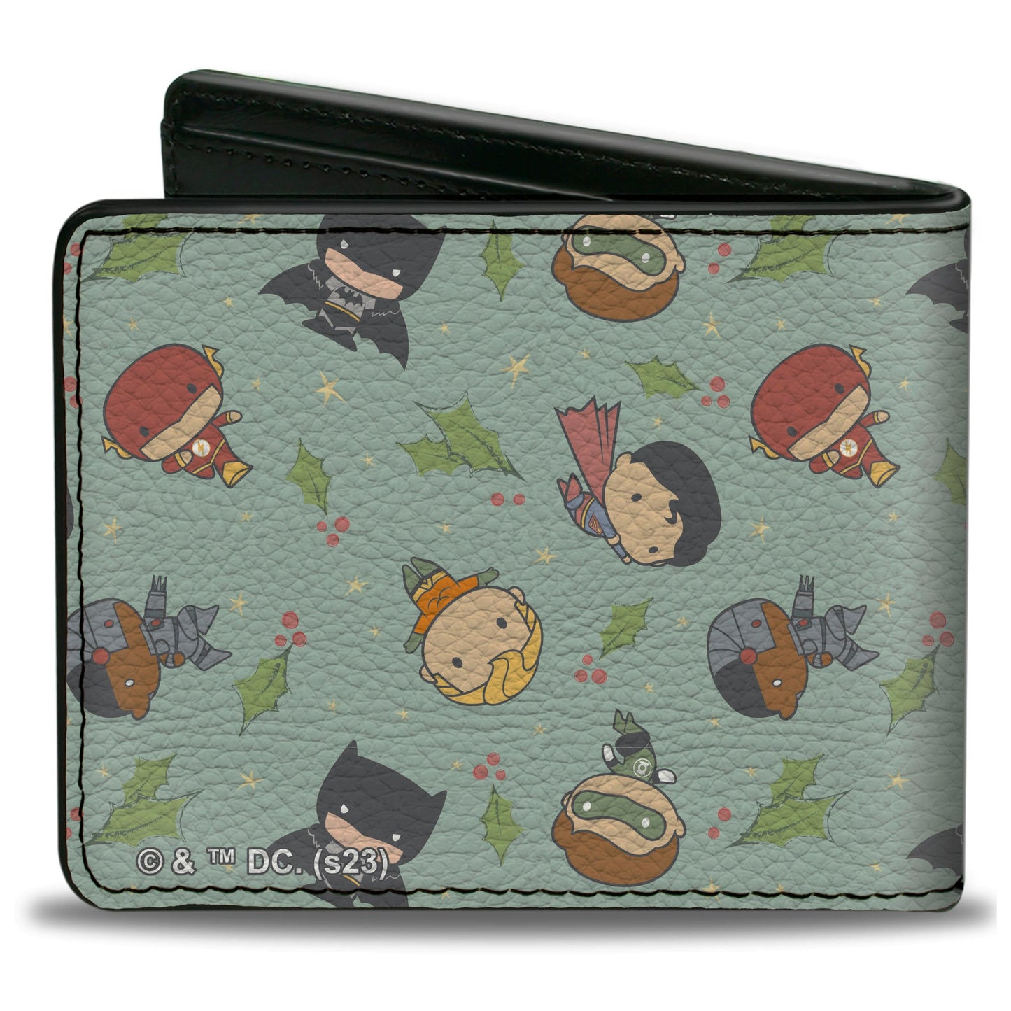 Bi-Fold  Wallet - Justice League Chibi Holiday Christmas Superhero Poses and Holly Scattered