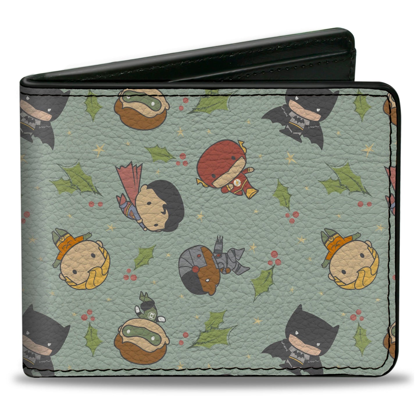 Bi-Fold  Wallet - Justice League Chibi Holiday Christmas Superhero Poses and Holly Scattered