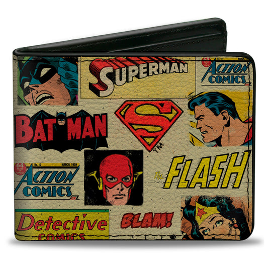 Bi-Fold Wallet - DC Comics Retro Superhero Faces and Logos Collage Ivory