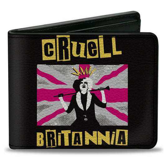 Bi-Fold Wallet - Cruella Laughing CRUELL BRITANNIA Union Jack Pose Black Yellow Pink Grays
