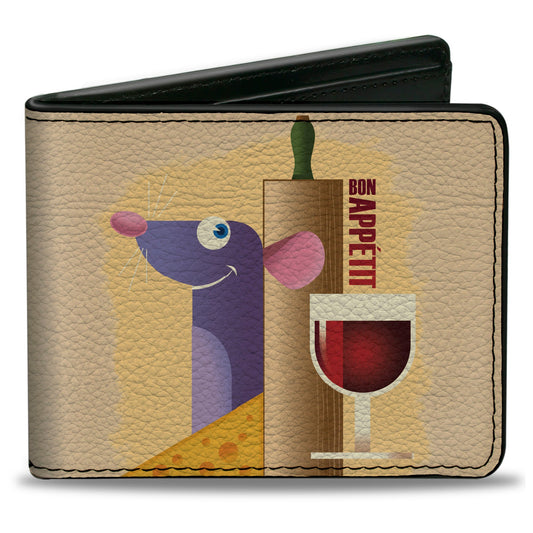 Bi-Fold Wallet - Ratatouille Remy BON APPETIT Hiding Pose + Text Logo Beige Reds