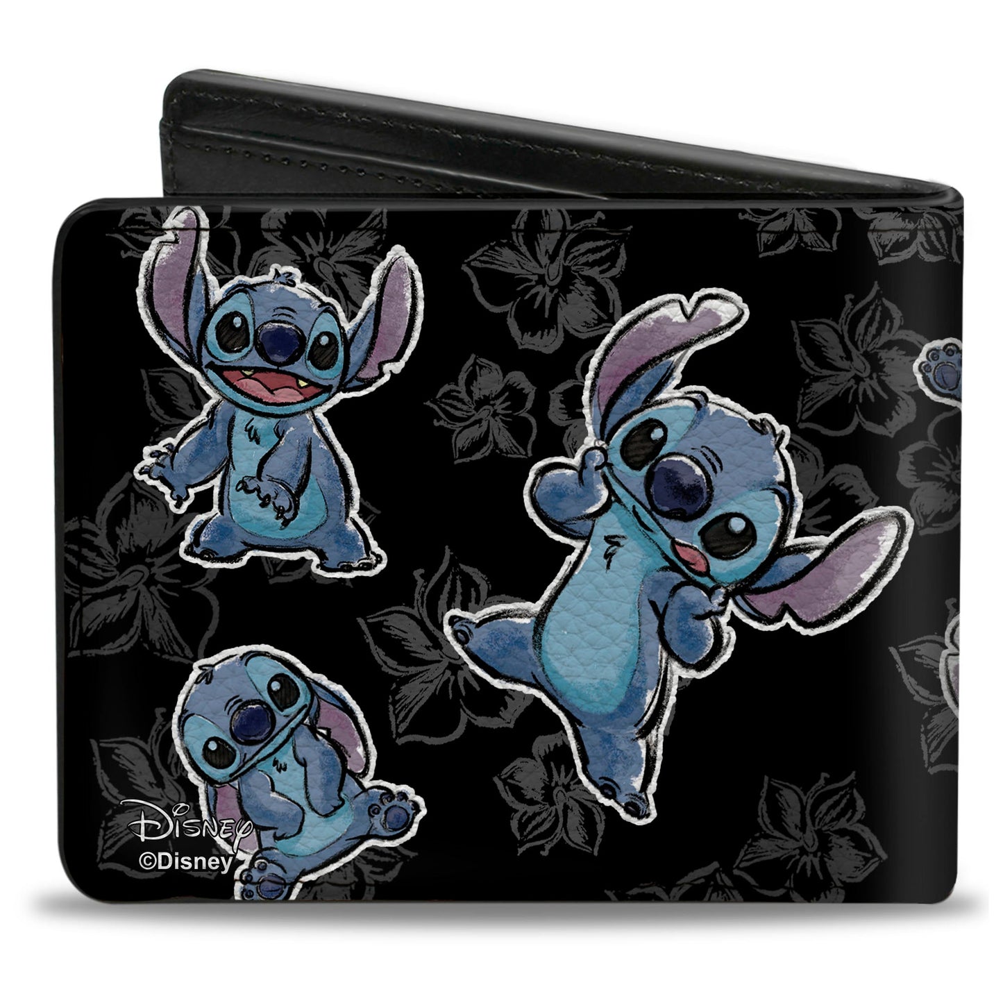 Bi-Fold Wallet - Stitch 3-Poses Hibiscus Sketch Black Grays