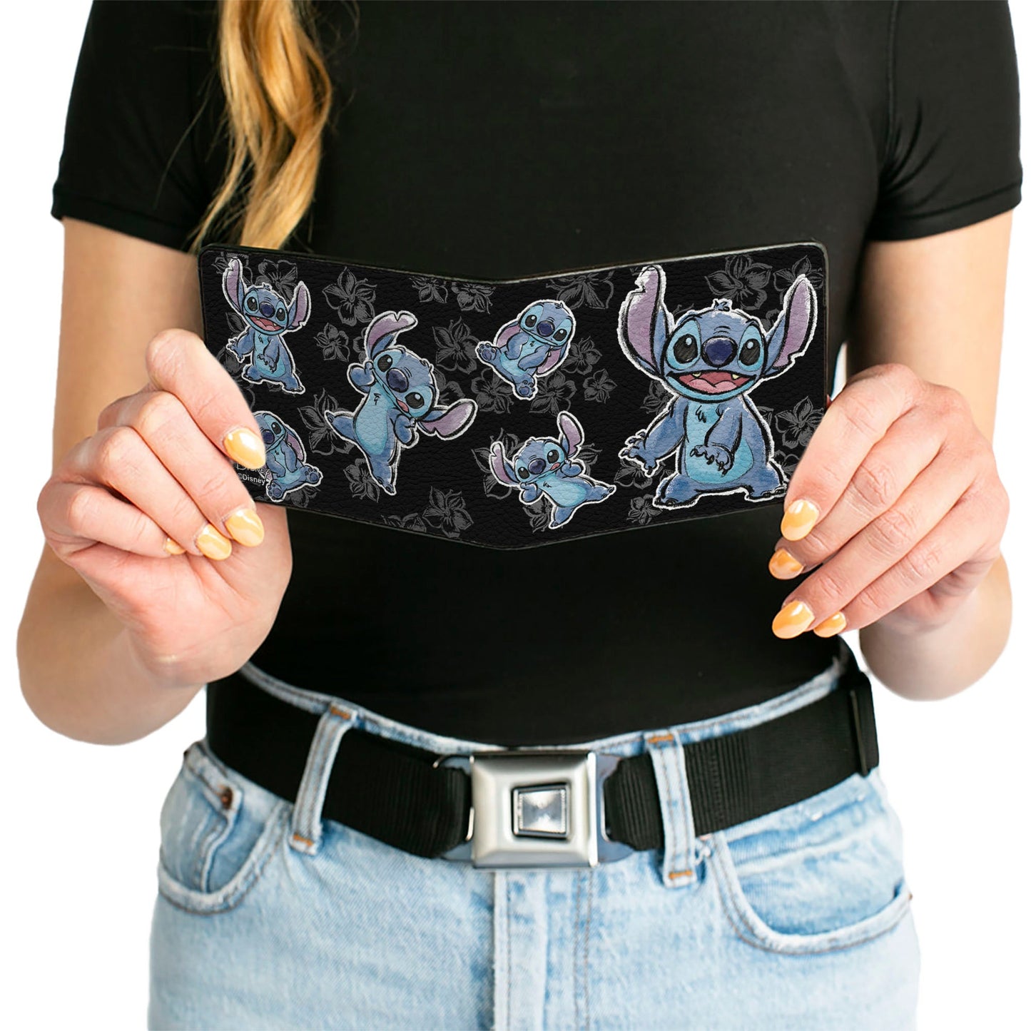 Bi-Fold Wallet - Stitch 3-Poses Hibiscus Sketch Black Grays