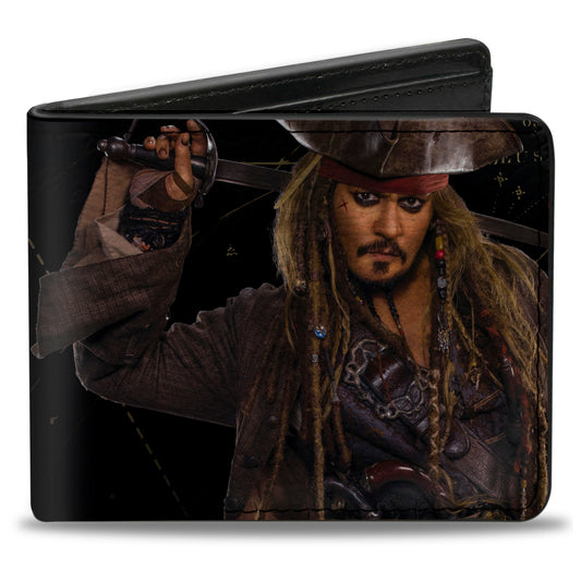 Bi-Fold Wallet - Jack Sparrow Vivid Sword Pose + PIRATES Logo Skull Black Golds Silvers