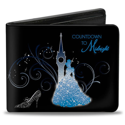 Bi-Fold Wallet - Cinderella COUNTDOWN TO MIDNIGHT Pose + Pumpkin Coach Silhouette Black Blues White