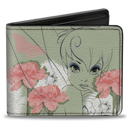 Bi-Fold Wallet - Tinker Bell Sketch Carnations Dandelions Sage Greens Pinks White