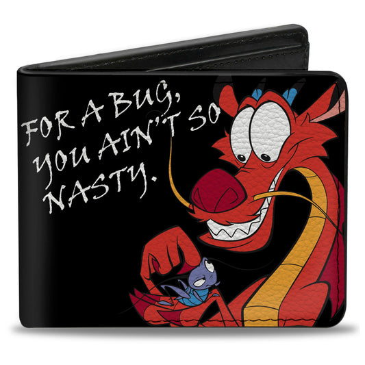 Bi-Fold Wallet - Mulan Mushu Petting Bug Pose FOR A BUG YOU AIN'T SO NASTY. Black White