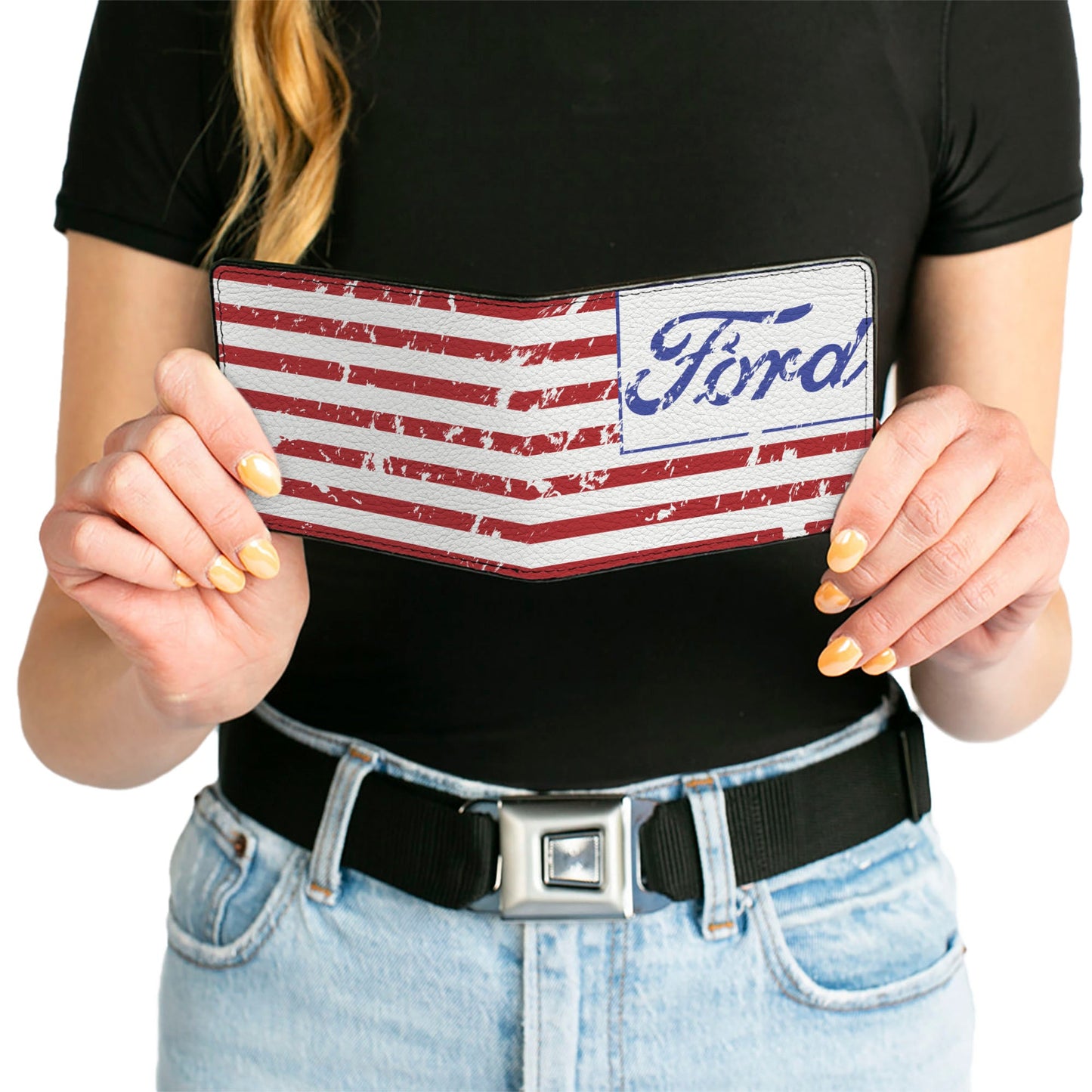 Bi-Fold Wallet - FORD Script Americana Flag Weathered White Red Blue