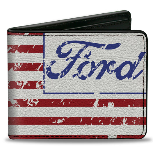 Bi-Fold Wallet - FORD Script Americana Flag Weathered White Red Blue