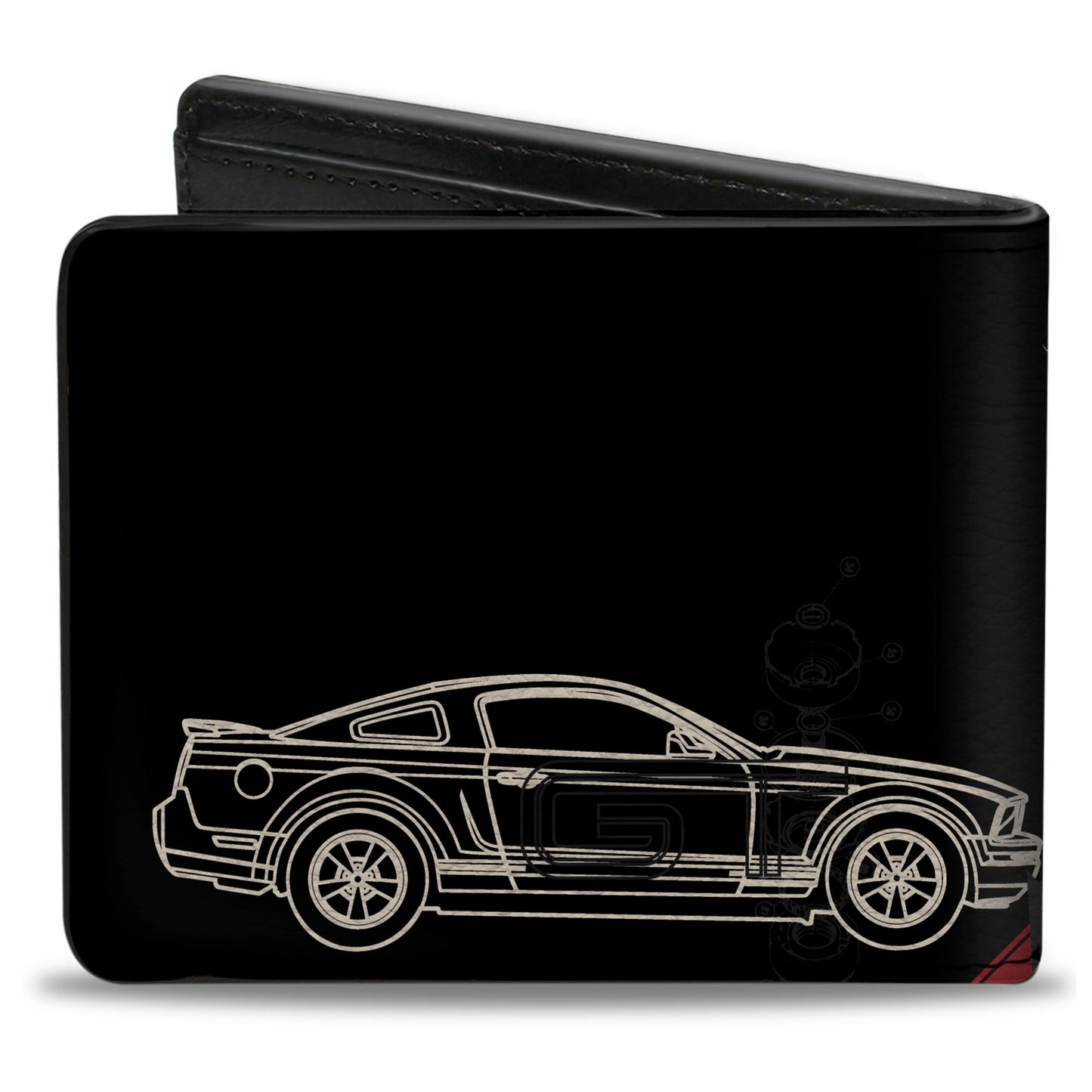 Bi-Fold Wallet - Mustang Tri-Bar Logo Diagonal Stripe Blueprint Black Red White Blue