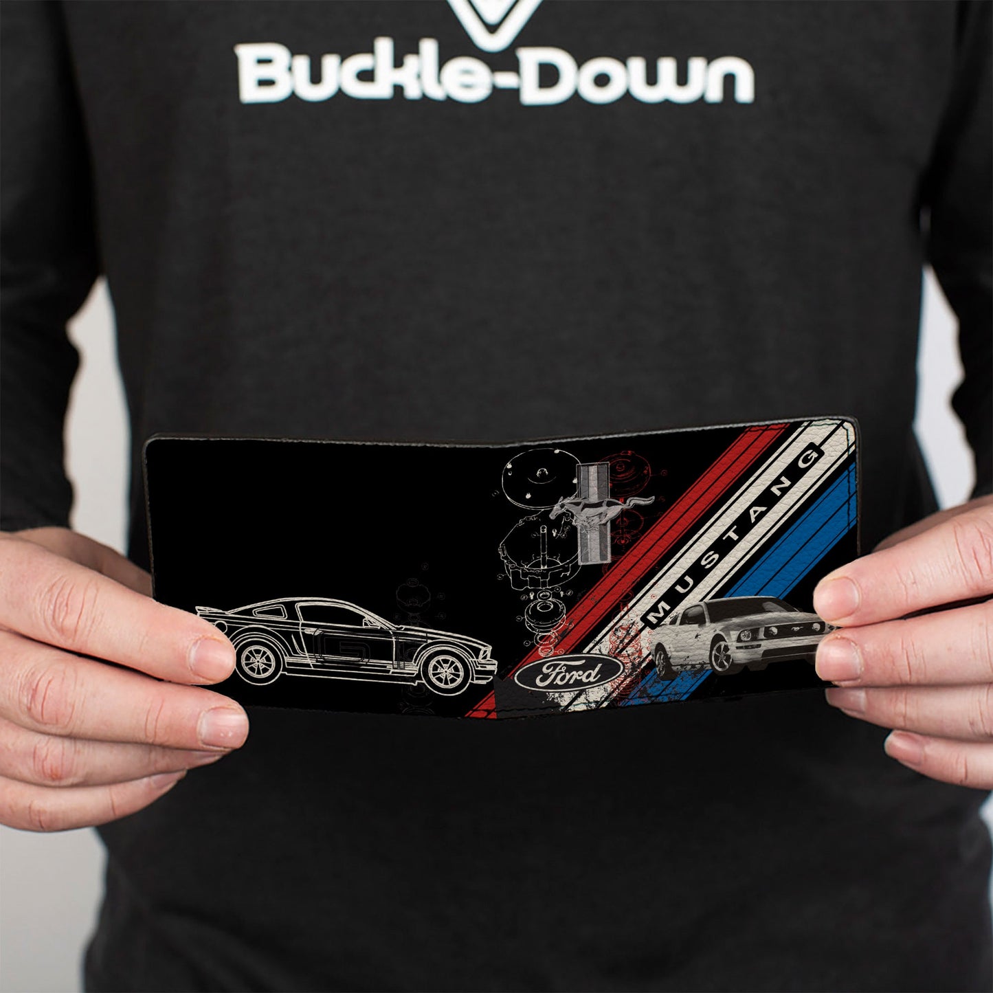 Bi-Fold Wallet - Mustang Tri-Bar Logo Diagonal Stripe Blueprint Black Red White Blue