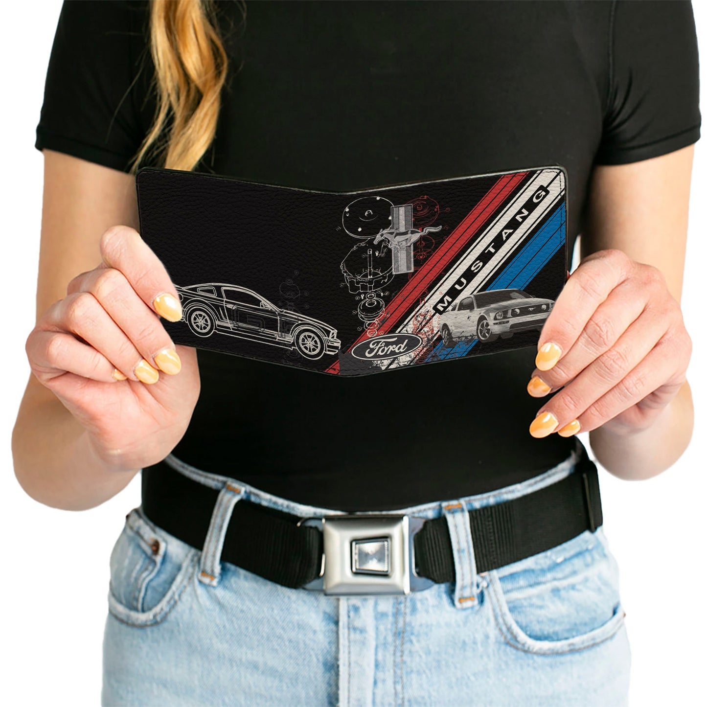 Bi-Fold Wallet - Mustang Tri-Bar Logo Diagonal Stripe Blueprint Black Red White Blue