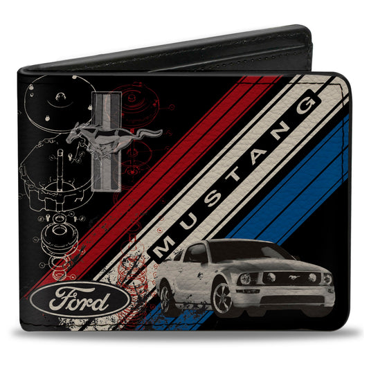 Bi-Fold Wallet - Mustang Tri-Bar Logo Diagonal Stripe Blueprint Black Red White Blue