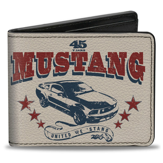 Bi-Fold Wallet - Vintage MUSTANG 45 YEARS UNITED WE 'STANG Scroll Ivory Navy Red