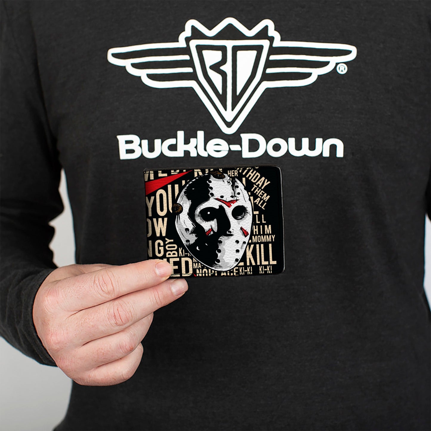 Bi-Fold Wallet - FRIDAY THE 13th Jason Mask4 and Title Logo with Quotes Typography Black