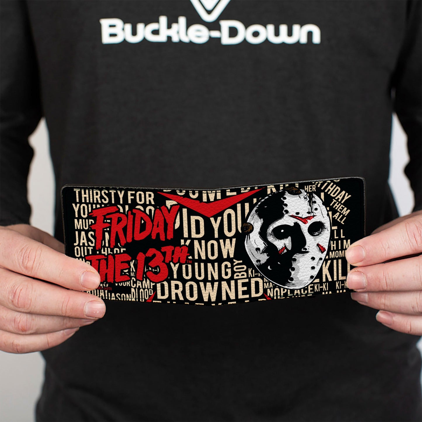 Bi-Fold Wallet - FRIDAY THE 13th Jason Mask4 and Title Logo with Quotes Typography Black