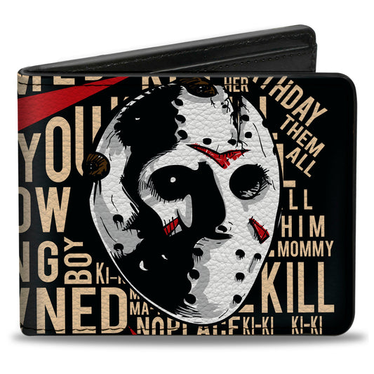 Bi-Fold Wallet - FRIDAY THE 13th Jason Mask4 and Title Logo with Quotes Typography Black