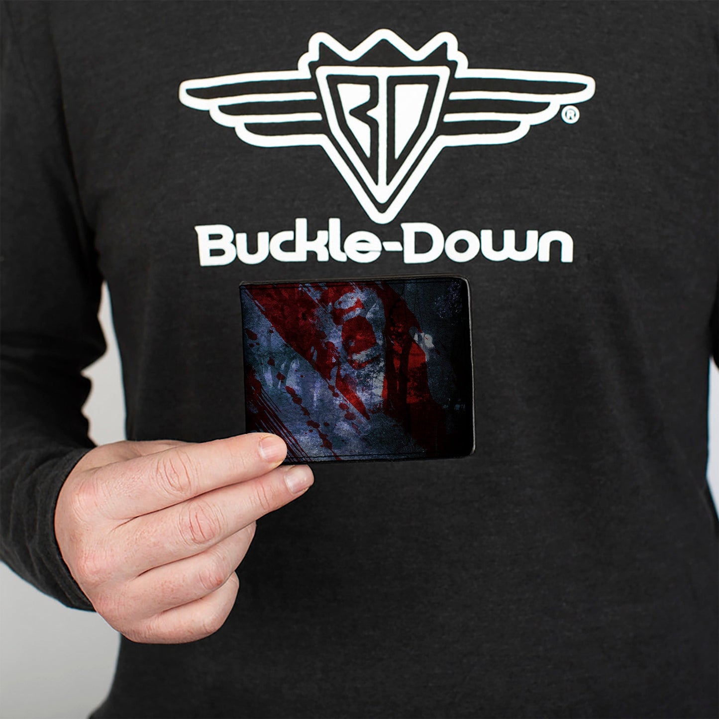 Bi-Fold Wallet - FRIDAY THE 13th Logo Jason Machete Pose Blood Splatter Grays Reds Black
