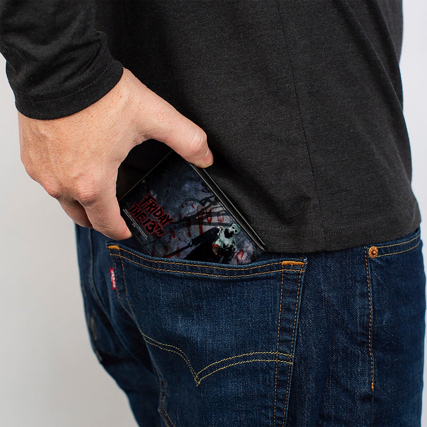 Bi-Fold Wallet - FRIDAY THE 13th Logo Jason Machete Pose Blood Splatter Grays Reds Black