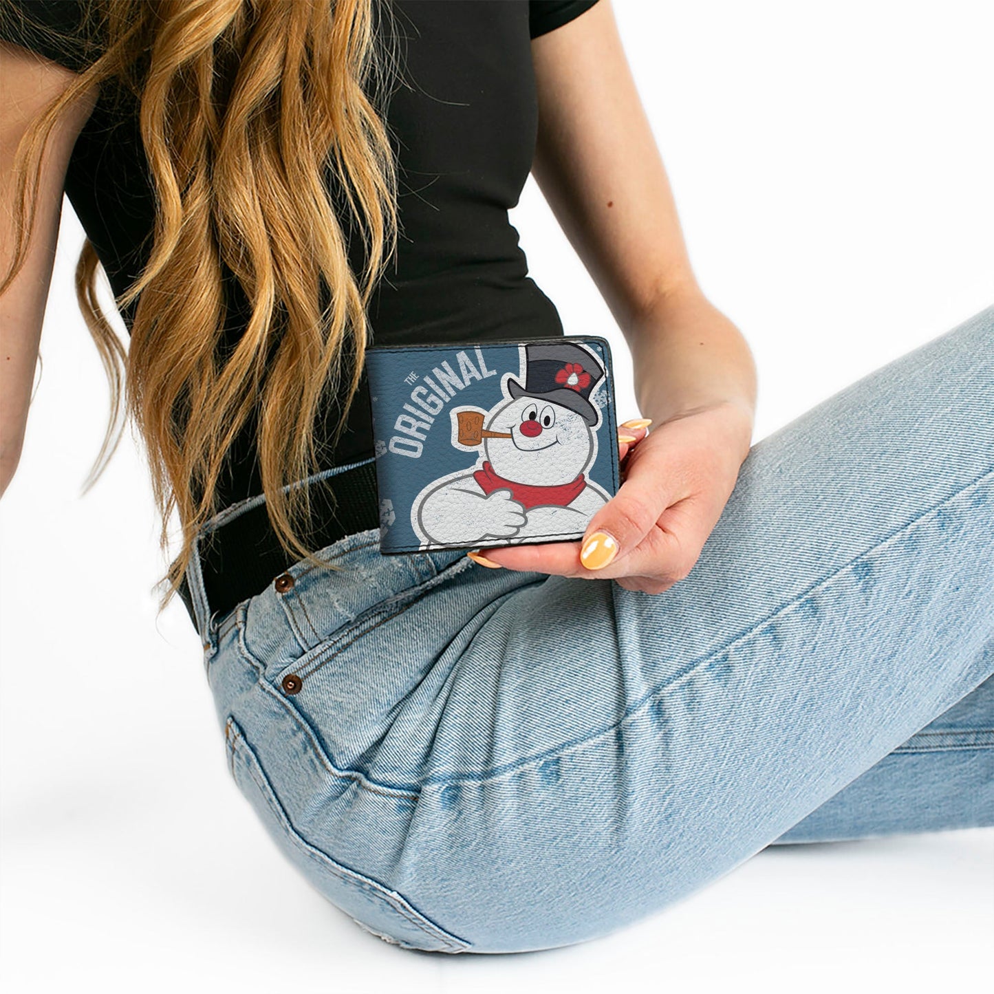 Bi-Fold Wallet - THE ORIGINAL Frosty the Snowman Pose Snowflakes Blue White