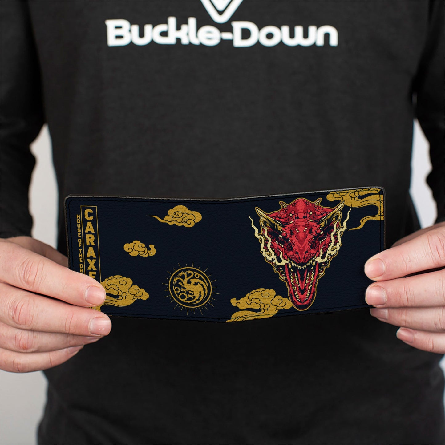 Bi-Fold Wallet - HOUSE OF THE DRAGON CARAXES Breathing Fire Pose and Clouds Black/Yellow/Red