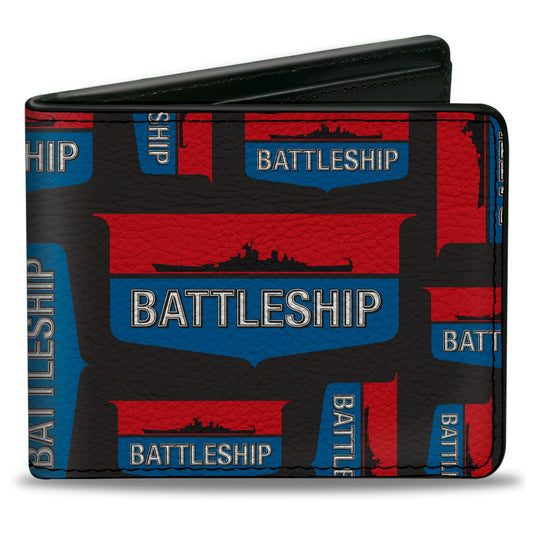 Bi-Fold Wallet - BATTLESHIP Ship Silhouette and Text Badge Collage Black/Red/Blue/White