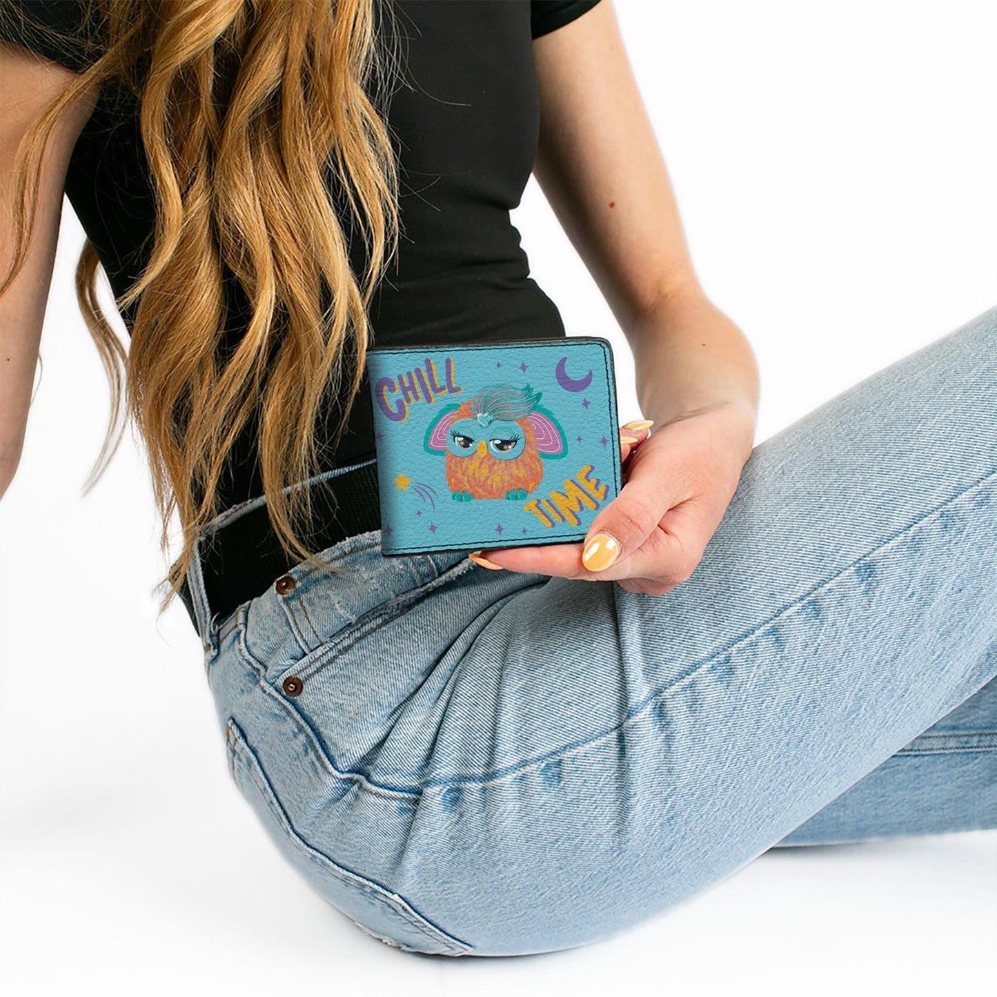 Bi-Fold Wallet - Furby Purple and Orange Furby CHILL TIME Pose Blue/Purple