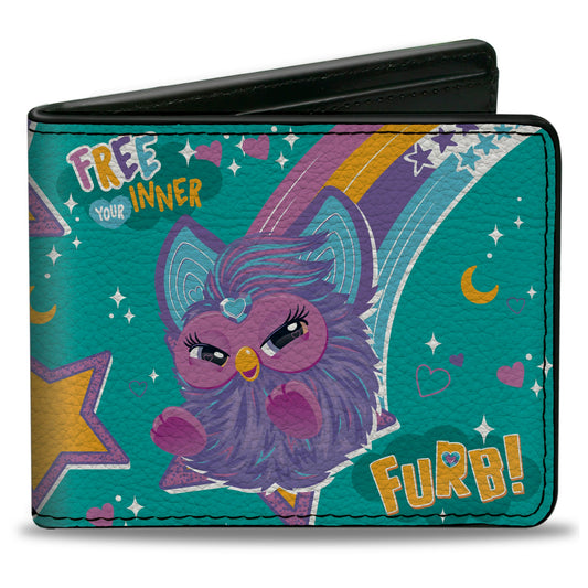 Bi-Fold Wallet - Furby Purple Furby FREE YOUR INNER FURB Rainbow Pose Teal/Multi Color
