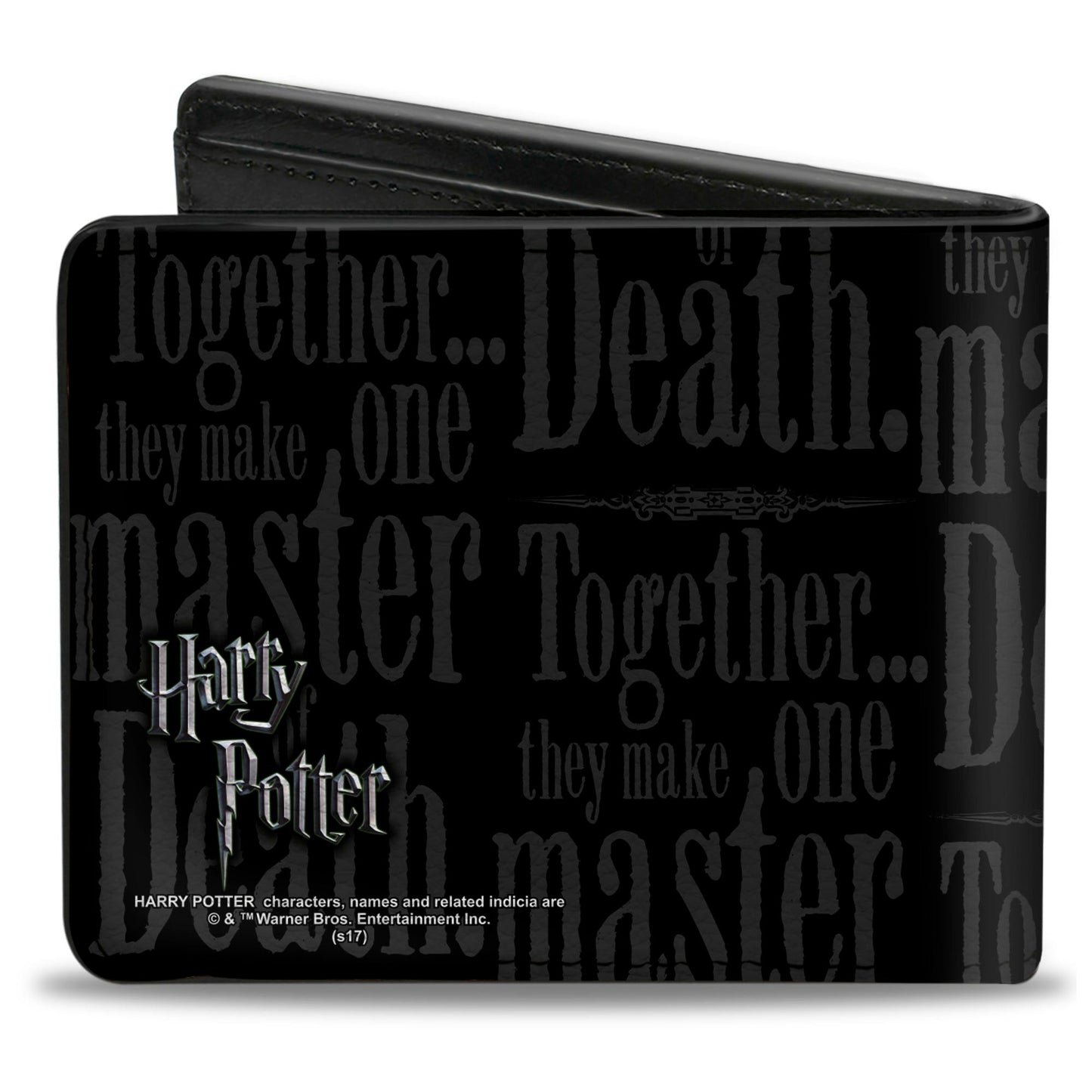 Bi-Fold Wallet - TOGETHER...THEY MAKE ONE MASTER OF DEATH. Deathly Hallows Symbol + HP Logo Black Grays White