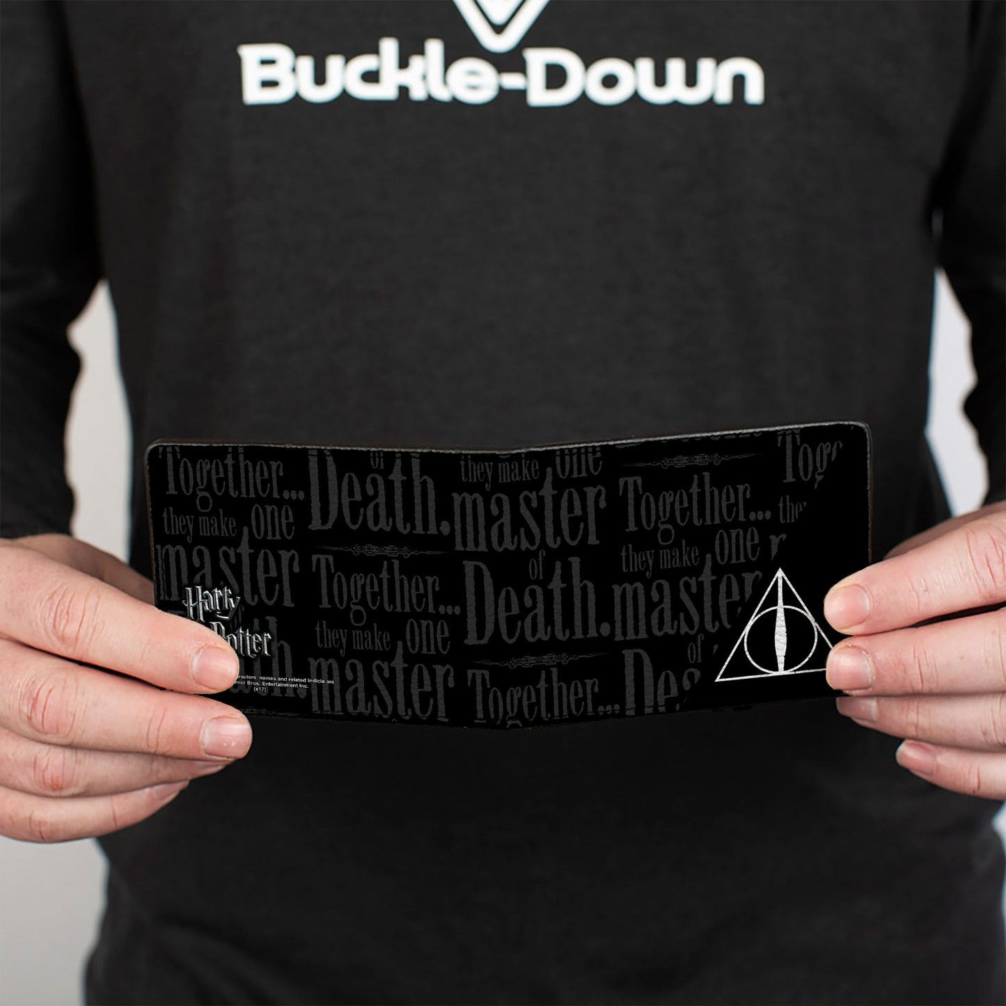 Bi-Fold Wallet - TOGETHER...THEY MAKE ONE MASTER OF DEATH. Deathly Hallows Symbol + HP Logo Black Grays White