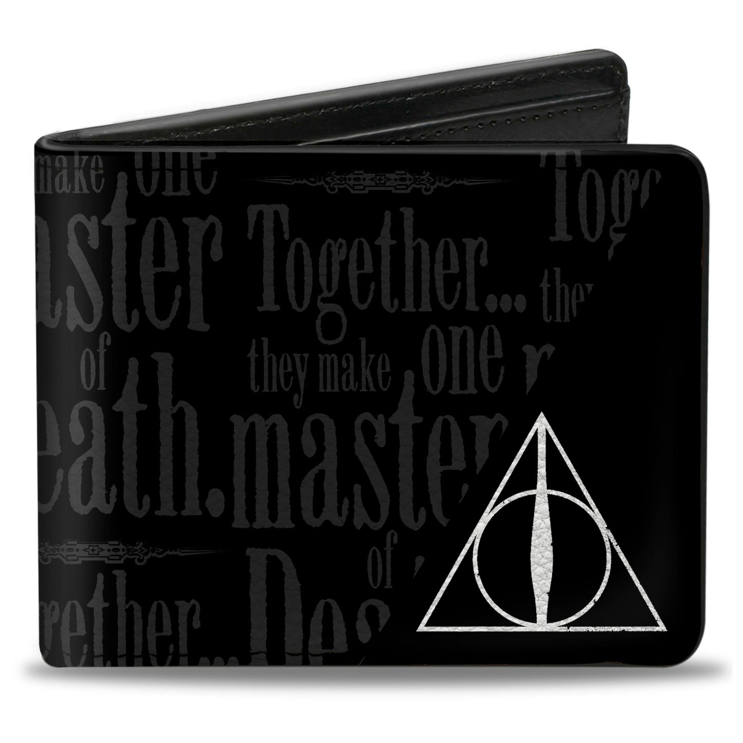 Bi-Fold Wallet - TOGETHER...THEY MAKE ONE MASTER OF DEATH. Deathly Hallows Symbol + HP Logo Black Grays White