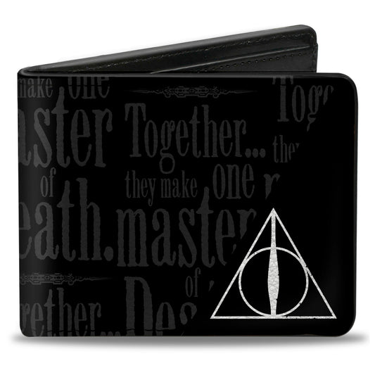 Bi-Fold Wallet - TOGETHER...THEY MAKE ONE MASTER OF DEATH. Deathly Hallows Symbol + HP Logo Black Grays White