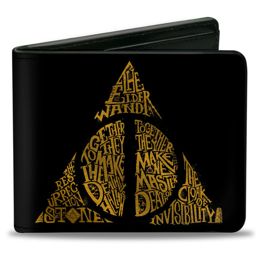 Bi-Fold Wallet - The Deathly Hallows WAND STONE CLOAK MASTER OF DEATH Symbol Black Gold