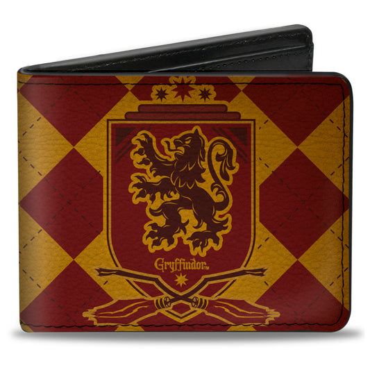 Bi-Fold Wallet - Harry Potter GRYFFINDOR Shield Brooms Argyle Gold Burgundy Reds